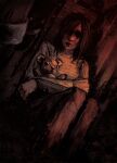  1girl angela_orosco black_hair bloodexer closed_mouth crossed_arms dark dark_background depressed highres holding holding_stuffed_toy pants red_pants sad silent_hill_(series) silent_hill_2 sitting stuffed_animal stuffed_toy sweater teddy_bear white_sweater 