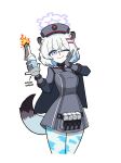  1girl ;) animal_ear_fluff animal_ears blue_archive blue_eyes blush bottle breasts capelet dress fire fur-trimmed_sleeves fur_trim gimminj69455096 gloves grey_capelet grey_dress grey_gloves grey_hair grey_hat hair_between_eyes hair_ornament hairclip halo hat highres holding holding_bottle medium_breasts molotov_cocktail one_eye_closed pantyhose shigure_(blue_archive) simple_background smile solo tail white_background white_pantyhose 