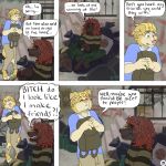 1:1 5_panel_comic anthro artist_logo bag barefoot black_body black_sclera blonde_hair blue_clothing blue_shirt blue_topwear border_collie bottle bottomwear box brown_eyes canid canine canis clothing collie comic container crack_pipe crossed_legs dialogue domestic_dog drugs duo english_text eye_contact eyes_closed feet fur grin hair handrail hands_in_front herding_dog hi_res holding_backpack holding_lighter holding_object honesty interlocked_fingers irony jeremy_(kriek_wildebeest) kriek_wildebeest lighter logo looking_at_another male mammal multiple_scenes nervous offended page_number pants pastoral_dog pizza_box portuguese_water_dog profanity ravi_(kriek_wildebeest) red_hair rude scared sheepdog shirt sitting smile stairs sweater tail tail_between_legs text topwear trash_bag watermark yelling yellow_body yellow_eyes yellow_fur