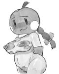 apple areola big_breasts bodysuit braided_hair braided_ponytail breasts clothing elemental_creature female flora_fauna food food_creature fruit genitals hair hi_res humanoid itimu living_fruit monochrome nipples plant ponytail princess_tomato_in_the_salad_kingdom simple_background skinsuit solo tight_clothing torn_bodysuit torn_clothing torn_skinsuit vulva white_background