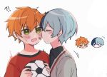 !? 2boys aged_down aoyagi_touya ball bandaid bandaid_on_face biyo blue_hair blush child closed_eyes collared_shirt commentary_request green_eyes hands_up holding holding_ball kiss kissing_cheek male_focus mole mole_under_eye multicolored_hair multiple_boys nervous_sweating open_clothes orange_hair project_sekai shinonome_akito shirt short_hair simple_background soccer_ball solid_circle_eyes split-color_hair surprised sweat two-tone_hair upper_body white_background yaoi 