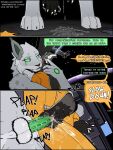 3:4 absurd_res anthro arm_around_partner bodily_fluids carrying_another carrying_partner clothing comic dialogue duo english_text felid feline female female_orgasm from_behind_position genital_fluids genitals growling hand_on_neck hi_res icy_(iceking2000) jumpsuit larger_male low-angle_view lynx machine male male/female mammal onomatopoeia penile_spines penis procyonid pubes questionable_consent raccoon radicalraccs robot sex size_difference smaller_female smokey_(radicalraccs) sound_effects space sweat text vaginal_fluids