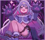  1girl animal_collar animal_costume animal_ears animal_hands black_claws blush bracelet capelet cl_oor claw_pose collar colored_inner_animal_ears colored_inner_hair denim denim_shorts english_commentary face_jewel fake_claws fur-trimmed_capelet fur-trimmed_gloves fur-trimmed_socks fur_sleeves fur_trim gem gloves grey_hair halloween_costume highres hololive hololive_english jewel_under_eye jewelry koseki_bijou long_hair looking_at_viewer multicolored_hair navel open_mouth paw_gloves pink_hair purple_eyes purple_gem purple_hair shorts simple_background smile solo spiked_bracelet spikes star_(symbol) tail very_long_hair virtual_youtuber wolf_costume wolf_ears wolf_paws wolf_tail zettai_ryouiki 