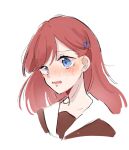  1girl blue_eyes blush commentary_request cropped_head embarrassed hasu_no_sora_school_uniform highres kinjo_maika long_hair love_live! love_live!_hasu_no_sora_jogakuin_school_idol_club nose_blush open_mouth red_hair roku_aya_fuyu sailor_collar school_uniform simple_background solo white_background white_sailor_collar winter_uniform 