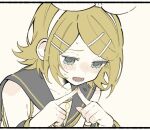  1girl averting_eyes bare_shoulders blonde_hair blush bow collarbone commentary_request detached_sleeves ear_blush eyelashes fidgeting flat_chest green_eyes hair_bow hair_ornament hairclip half-closed_eyes headphones headset index_fingers_together kagamine_rin looking_down lower_teeth_only maca1227 neckerchief nervous nervous_sweating open_mouth parallel_hairclips sailor_collar shirt short_hair shy sleeveless sleeveless_shirt solo sweat sweatdrop teeth treble_clef vocaloid wavy_mouth white_bow yellow_nails yellow_neckerchief yellow_trim 