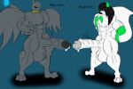 anthro balls big_balls big_penis black_body black_hair bodily_fluids charizard cum cum_drip dripping duo english_text generation_1_pokemon generation_3_pokemon genital_fluids genitals hair huge_penis male muscular muscular_male nintendo penis pokemon pokemon_(species) riku9797 riku_(riku9797) text white_body zangoose