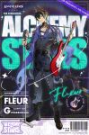  1boy alchemy_stars barcode belt black_boots black_hair black_pants black_shirt blue_eyes blue_hair boots chain character_name cleavage_cutout clothing_cutout commentary copyright_name copyright_notice cover cover_page earrings electric_guitar english_commentary fleur_(alchemy_stars) fleur_(idol)_(alchemy_stars) full_body guitar heterochromia highres horns instrument jewelry magazine_cover microphone_stand multicolored_hair official_art pants purple_scarf red_eyes scarf shirt short_hair shoulder_cutout smile standing tail tail_ornament tattoo thigh_strap two-tone_hair 