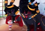 absurd_res ahegao anthro black_body black_hair blonde_hair blue_eyes collar dark_body dark_fur dertyn doggystyle duo eeveelution ejaculation food from_behind_position fur generation_2_pokemon generation_6_pokemon hair hi_res leash leash_pull looking_pleasured male markings multicolored_body nintendo nipple_piercing nipples piercing pokemon pokemon_(species) red_sclera sex sylveon text tongue tongue_out umbreon white_body white_fur yellow_markings