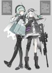  2girls absurdres alternate_costume anti-materiel_rifle bandaged_leg bandages bang_dream! bang_dream!_our_notes barrett_m82 black_boots black_gloves black_hairband black_pants black_pantyhose black_socks black_vest blood blood_on_face boots brei_mao chinese_commentary chinese_text closed_mouth commentary_request crying crying_with_eyes_open flower full_body gloves goggles goggles_on_head grey_background grey_jacket gun hair_flower hair_ornament hairband hands_up highres holding holding_gun holding_weapon jacket lace-up_boots long_hair long_sleeves looking_at_another medium_hair multiple_girls pants pantyhose rifle sawami_kanata shiomi_hotaru simple_background smile sniper_rifle socks standing streaming_tears tactical_clothes tears torn_clothes translation_request vest weapon 