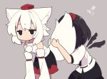  2girls animal_ear_fluff animal_ears belt bent_over bird_girl bird_wings black_belt black_hair black_necktie black_skirt black_trim breasts brown_eyes closed_mouth commentary_request detached_sleeves detached_wings dot_mouth double-parted_bangs feet_out_of_frame grey_background hat highres hugging_another's_tail hugging_tail inubashiri_momiji jitome long_sleeves medium_breasts medium_hair multiple_girls necktie pom_pom_(clothes) red_hat red_ribbon red_skirt ribbon ribbon-trimmed_sleeves ribbon_trim saisoku_no_yukkuri shameimaru_aya shirt short_sleeves simple_background single_hair_intake skirt tail tail_on_face tail_raised tokin_hat touhou translation_request two-tone_skirt unamused white_hair white_shirt wide_sleeves wings wolf_ears wolf_girl wolf_tail 