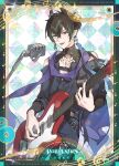  1boy absurdres alchemy_stars argyle_background belt black_hair black_pants black_shirt border cleavage_cutout clothing_cutout commentary copyright_notice cover earrings electric_guitar english_commentary fangs fleur_(alchemy_stars) fleur_(idol)_(alchemy_stars) green_eyes green_hair guitar heterochromia highres horns instrument jewelry microphone_stand multicolored_hair musical_note musical_staff official_art open_mouth pants playing_guitar playing_instrument purple_scarf red_eyes scarf shirt short_hair shoulder_cutout smile tattoo teeth thigh_strap two-tone_hair upper_teeth_only 