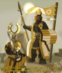 absurd_res anthro armor canid canine canis chainmail danadriel detailed_background domestic_dog duo female flag headgear helmet hi_res human knight mammal medieval medieval_armor medieval_fantasy melee_weapon plate_armor polearm ruins scar shield signature spear standing story story_in_description sun sword text warrior weapon