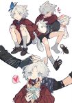  1boy aged_down animal_ears black_gloves black_shorts blue_eyes bug butterfly cat_boy cat_ears cat_tail child closed_eyes closed_mouth crepe dante_(devil_may_cry) devil_may_cry_(series) fingerless_gloves food gloves gougougougou grey_hair hat headpat heart highres holding holding_food jacket long_sleeves male_focus multiple_views open_mouth petting red_jacket shirt shoes short_hair shorts simple_background sitting socks spoken_heart sweater tail white_background white_hair 