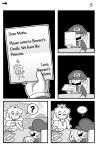2021 ayyk92 beverage big_nose blush blush_lines chair clothing comic container crown cup duo ellipsis english_text facial_hair footwear furniture hair hat headgear headwear hi_res human human_only long_hair male mammal mario mario_bros monochrome mustache nintendo not_furry overalls paper princess_peach shirt shoes table tea tea_cup text topwear