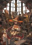  1girl absurdres autumn autumn_leaves book book_stack braid broom chrysanthemum commentary_request corked_bottle daisy_(flower) different_reflection dress floral_print flower frilled_dress frills hat hat_flower herb_bundle highres indoors jar jun_yang_men_wen lavender_(flower) leaf mirror original own_hands_clasped own_hands_together picture_frame reflection shade skeleton sunflower twin_braids vase window witch witch_hat 