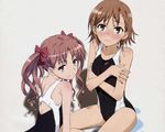  2girls blush bow brown_eyes brown_hair hair_bow misaka_mikoto multiple_girls schoolgirl sexy shirai_kuroko short_hair skirt smile swimsuit to_aru_kagaku_no_railgun to_aru_majutsu_no_index twintails yuri 