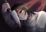  1girl absurdres angela_orosco black_eyes black_hair blood blood_on_knife commentary dark_background depressed english_commentary fingernails highres hiiro_yami holding holding_knife kitchen_knife knife sad silent_hill_(series) silent_hill_2 simple_background sweater teeth upper_teeth_only white_sweater 