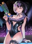  1girl :p absurdres aerial_fireworks arm_support black_hair black_nails black_one-piece_swimsuit blurry blurry_background breasts building casual_one-piece_swimsuit commentary cross-laced_clothes cross-laced_one-piece_swimsuit english_commentary eyewear_on_head eyewear_on_headwear fingernails fireworks frilled_one-piece_swimsuit frilled_thigh_strap frills grey_hair highleg highleg_one-piece_swimsuit highres holding holding_water_gun hololive hololive_dreams hololive_english large_breasts long_fingernails long_hair looking_at_viewer matryo8 multicolored_hair nail_polish night official_alternate_costume one-piece_swimsuit purple-tinted_eyewear round_eyewear shiori_novella shiori_novella_(archived_night_pool) single_wrist_cuff sitting skyscraper solo split-color_hair sunglasses super_soaker swimsuit thigh_strap tinted_eyewear tongue tongue_out two-tone_hair virtual_youtuber water_drop water_gun wet wet_clothes wet_swimsuit wrist_cuffs yellow_eyes 