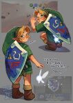  1boy artist_name blonde_hair blue_eyes blush boots brown_boots fairy full_body green_hat green_tunic grey_background hat highres jacket_mine link male_focus multiple_views navi parted_bangs parted_lips phrygian_cap pointy_ears shield shield_on_back short_hair squatting standing sword sword_on_back the_legend_of_zelda the_legend_of_zelda:_ocarina_of_time the_legend_of_zelda:_ocarina_of_time_(remake) tunic weapon weapon_on_back young_link 