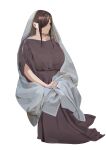  1girl absurdres ancient_greek_clothes baggy_clothes breasts brown_dress brown_hair chiton commentary curvy_black-haired_girl_(tnr) dress full_body greco-roman_clothes hair_over_one_eye highres mature_female original roman_clothes simple_background sitting tnr_(horiko1525) white_background 