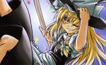  1girl 2000s_(style) apron black_hat black_skirt black_vest blonde_hair blue_background bow braid broom buttons commentary_request elehime feet_out_of_frame frilled_apron frilled_hat frills green_bow grin hair_bow hand_on_headwear hat holding holding_broom kirisame_marisa long_hair looking_at_viewer one_eye_closed puffy_short_sleeves puffy_sleeves shirt short_sleeves side_braid single_braid skirt skirt_set smile solo star_(symbol) touhou vest waist_apron white_apron white_shirt witch_hat yellow_eyes 