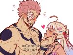  1boy 1girl alt_text blush commission gzei heart highres imminent_kiss jujutsu_kaisen looking_at_another muscular muscular_male oc_x_canon original pink_hair ponytail red_eyes ryoumen_sukuna_(jujutsu_kaisen) ryoumen_sukuna_(true_form)_(jujutsu_kaisen) short_hair simple_background upper_body vgen_commission white_background 