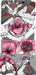abdominal_bulge ambiguous_gender black_body black_feathers blush brown_body brown_feathers comic dinosaur dromaeosaurid duo facial_markings feathered_dinosaur feathered_scalie feathers feral head_markings human licking licking_lips mammal markings open_mouth oral_vore prehistoric_species red_eyes reptile rumbling_stomach saurischian scalie simple_background sirwhiffalot swallowing teeth theropod tongue tongue_out velociraptor vore white_body white_feathers wings