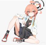  1girl ahoge bandaid bandaid_on_knee bandaid_on_leg black_nails black_socks blue_archive blue_skirt blush bracelet braid commentary earrings floral_print floral_print_shirt halo highres hoodie_around_waist huge_ahoge jewelry jjigong_chigon looking_at_viewer mole mole_under_eye multiple_moles necktie neru_(blue_archive) neru_(school_uniform)_(blue_archive) orange_hair print_shirt red_eyes shirt shoes short_hair single_braid sitting skirt sneakers socks solo tag unbuttoned unbuttoned_shirt undone_necktie untied_shoelaces white_background 
