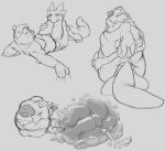 almost_fully_inside amphibian aquatic axolotl bear belly belly_on_ground big_belly big_tail body_in_mouth burp_cloud burping burping_up_glasses burping_up_object feet_first hi_res holding_belly imprint kneeling levi_(nommsalotl) mammal mole_salamander monochrome nommsalotl oral_vore partially_inside salamander size_difference smaller_pred stretched_cheeks stretched_mouth swallowing tail vore