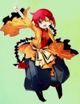  1girl :d ;d arm_up baggy_pants black_boots blue_eyes boots breasts commentary_request full_body green_background hand_wraps kiguchi_(aprico) long_hair looking_at_viewer monk_(sekaiju) monk_4_(sekaiju) one_eye_closed open_mouth outline pants red_hair sekaiju_no_meikyuu sekaiju_no_meikyuu_3 smile solo teeth upper_teeth_only white_outline 