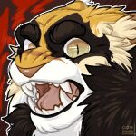 1:1 2026 abstract_background angry bust_portrait cel_shading cheek_tuft chest_tuft conhugo detailed digital_media_(artwork) ear_tuft ears_back eyebrows facial_scar facial_tuft fangs felid feline felis feral fluffy frown fur furrowed_eyebrows glistening glistening_eyes gums hybrid icon inner_ear_fluff looking_at_viewer low_res male mammal mane neck_tuft open_mouth pivoted_ears pixel_(artwork) portrait red_background roaring scar screaming shaded sharp_teeth simple_background snarling snout solo teeth thick_eyebrows tongue tuft white_body yellow_body yellow_eyes yellow_fur