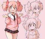 1girl absurdres artist_name black_necktie black_skirt cardigan commentary highres kaname_madoka kaname_madoka_(magical_girl) looking_at_viewer mahou_shoujo_madoka_magica mahou_shoujo_madoka_magica_(anime) medium_hair miniskirt multiple_views necktie open_mouth pink_background pink_cardigan pink_hair plaid_clothes plaid_skirt pleated_skirt red_eyes shirt simple_background skirt smile sukato_(sukato_) white_shirt 