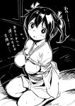  1girl arms_behind_back bdsm blush bondage bound breasts commentary_request flying_sweatdrops greyscale hair_ribbon japanese_clothes kantai_collection kimono kneeling large_breasts looking_at_viewer monochrome open_mouth ribbon rope shibari shibari_over_clothes short_twintails sitting solo souryuu_(kancolle) sweat translation_request twintails watarai_keiji wide_sleeves 