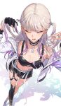  1girl alternate_breast_size_(larger) belt black_collar black_gloves black_skirt black_sports_bra black_thighhighs blonde_hair breasts cleavage collar commentary_request gloves gradient_hair half-skirt hands_up highleg highleg_panties highres hololive hololive_dev_is jacket kakage long_hair looking_at_viewer medium_breasts miniskirt multicolored_hair navel official_alternate_costume official_alternate_hairstyle one_eye_closed open_mouth paid_reward_available panties panty_straps partially_fingerless_gloves pendant_collar purple_eyes purple_hair purple_streaks shorts simple_background single_glove single_thighhigh skirt solo sports_bra star_pendant stomach streaked_hair thighhighs todoroki_hajime todoroki_hajime_(black_aurora) torn_clothes torn_shorts triangle_o-ring two_side_up underwear very_long_hair virtual_youtuber white_background white_belt white_jacket 