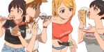  4girls aonori_misuji black_hair black_shirt blonde_hair blue_eyes blush bright_pupils chopsticks clam clothing_request collarbone commentary_request denim denim_shorts eating food fruit hat highres holding holding_chopsticks holding_clam holding_food holding_ice_cream holding_ice_cream_cone ice_cream ice_cream_cone looking_at_food looking_down melting_ice_cream midriff multiple_girls navel one_eye_closed original oyster purple_eyes red_shirt sausage shirt shorts simple_background translation_request white_background white_pupils white_shirt 