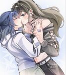  2girls bang_dream! bang_dream!_our_notes black_shirt black_skirt blue_hair brown_hair closed_eyes closed_mouth commentary earrings green_eyes hamasaki_mahoro hand_on_another's_neck hand_on_another's_shoulder highres hood hoodie jewelry kiss kotohira_nagi long_hair multiple_girls shirt short_hair skirt white_hoodie yoyoray20001996 yuri 
