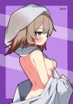  1girl absurdres animal_ear_request arknights artist_name ass averting_eyes back blush border breasts brown_hair commentary_request covering_breasts covering_privates cowboy_shot floppy_ears from_side frown grey_eyes hair_between_eyes hendra hierda_(arknights) highres medium_hair no_pupils purple_background purple_border sideboob simple_background small_breasts solo 