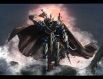  absurdres black_cloak cloak commentary eiyuu_densetsu english_commentary floating_cape full_body green_eyes grey_sky highres huge_weapon letterboxed looking_at_viewer mecha mecha_focus no_humans ootachi outdoors r_thors reaching robot science_fiction sen_no_kiseki_(series) sen_no_kiseki_ii sky standing sun sword sword_on_back two-handed_sword valimar weapon weapon_on_back 