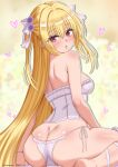  1girl absurdres artist_name ass bare_shoulders blonde_hair blush breasts bridal_lingerie butt_crack commentary_request corset dolphin_wave feet_out_of_frame flower from_behind hair_flower hair_intakes hair_ornament hair_ribbon heart highres kenja_panda konjiki_no_yami lingerie long_hair looking_back lowleg lowleg_panties median_furrow official_alternate_costume panties parted_lips partial_commentary red_eyes ribbon shoulder_blades side-tie_panties small_breasts solo string_panties to_love-ru to_love-ru_darkness twitter_username underwear very_long_hair white_corset white_panties white_ribbon 
