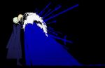  2boys arm_up black_background black_boots black_cape black_fur blonde_hair blood blue_blood blue_cape boots cape closed_eyes colored_blood commentary_request dimitri_alexandre_blaiddyd dimitri_alexandre_blaiddyd_(timeskip) fire_emblem fire_emblem:_three_houses from_side fur_trim green_hair hand_on_another's_face highres impaled kiss male_byleth_(awakened)_(fire_emblem) male_byleth_(fire_emblem) male_focus mizuno_(iori-amu) multiple_boys official_alternate_hair_color profile simple_background standing sword weapon white_fur yaoi 