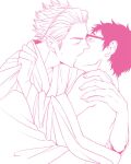  2boys blush commentary_request fingernails french_kiss from_side glasses haikyuu!! haruko_(chikadoh) japanese_clothes kiss male_focus monochrome multiple_boys short_hair sideburns simple_background takeda_ittetsu ukai_keishin white_background yaoi 