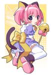  1girl 2000s_(style) :o absurdres angelic_kitty_miracle-chan animal_ears bell blush_stickers boots cat_ears cat_girl cat_tail colinarmis commentary dress english_commentary full_body hair_between_eyes hair_intakes highres looking_at_viewer miracle-chan neck_bell original pink_hair purple_dress purple_eyes short_sleeves solo tail thighhighs watanabe_akio_(style) white_thighhighs 