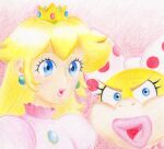 2022 anthro blonde_hair blue_eyes blue_gem blue_piercing clothed clothing colored_pencil_(artwork) crown dragon_koopa dress duo eyelashes female female_human gem hair headgear hi_res human japanese_description jewelry koopa koopaling light_body light_skin lips mammal mario_bros necklace nintendo open_mouth open_smile pearl_(gem) pearl_necklace piercing pink_bow pink_clothing pink_dress pink_lips polka_dot_bow princess_peach ribbon1984 scalie smile thick_lips traditional_media_(artwork) wendy_o._koopa