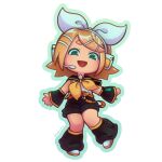  1girl aqua_eyes belt black_leg_warmers black_sailor_collar black_shorts black_sleeves blonde_hair bow chibi chomaeki detached_sleeves flat_chest full_body hair_bow hair_ornament hairclip headphones headset highres kagamine_rin leg_warmers looking_at_viewer neckerchief open_mouth parallel_hairclips sailor_collar shirt shoes short_hair shorts simple_background sleeveless sleeveless_shirt smile treble_clef vocaloid white_background white_bow white_shirt white_shoes yellow_belt yellow_neckerchief yellow_trim 