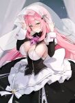  1girl absurdres allie_(stella_sora) blush breasts cleavage closed_mouth commentary_request dress green_eyes highres large_breasts long_hair looking_at_viewer maid nose_blush see-through_clothes see-through_veil sleeve_cuffs solo stella_sora two-tone_dress veil white_veil yuzureei 