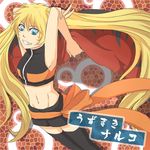  black_legwear blonde_hair blue_eyes facial_mark female garuma_(4511867) genderswap grin long_hair midriff naruko naruto navel smile solo thighhighs twintails uzumaki_naruto v 