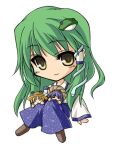  2000s_(style) 3girls blonde_hair blue_skirt brown_shoes chibi chibi_only closed_mouth collared_shirt commentary_request detached_sleeves elehime frog_hair_ornament full_body green_hair hair_ornament hair_tubes kochiya_sanae long_hair looking_at_viewer lowres mini_person minigirl moriya_suwako multiple_girls purple_hair shirt shoes simple_background single_hair_tube sitting skirt smile snake_hair_ornament touhou white_background white_shirt white_sleeves yasaka_kanako 