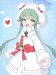  1girl :d absurdres animal_hands animal_hood bear_hood black_bow blue_archive blue_background blue_halo bow coat commentary_request fur-trimmed_coat fur-trimmed_sleeves fur_trim gloves green_eyes green_hair halo heart highres hood hood_up hooded_coat lolicorn long_hair mittens momiji_(blue_archive) paw_gloves pom_pom_(clothes) red_bow red_winter_federal_academy_logo sidelocks smile snowflake_background solo spoken_heart very_long_hair white_coat white_gloves winter_clothes 