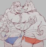 5_fingers acethetiger anthro arm_strap backless_gloves blue_briefs blue_clothing blue_eyes blue_underwear bodily_fluids boxer_briefs bracelet briefs brown_eyes butt canid canine clothed clothing collar duo eyebrows felid fingerless_gloves fingers fluffy_ears gloves handwear hi_res jewelry leather leather_strap looking_at_viewer looking_back male male/male mammal pantherine red_boxer_briefs red_clothing red_underwear saliva saliva_string snout straps tail teasing teasing_viewer teasing_with_butt teeth tiger underwear underwear_only