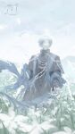  1boy absurdres aiguillette andoain_(arknights) arknights artist_name black_gloves black_robe blue_cape blue_scarf cape commentary_request cowboy_shot day detached_wings energy_wings facing_viewer field fingerless_gloves flower flower_field gloves grey_eyes grey_hair hair_between_eyes halo highres long_sleeves looking_up male_focus mountain outdoors pale_colors parted_lips robe scarf shinonoi_kekki short_hair solo standing stole torn_cape torn_clothes white_flower white_halo wind wings 